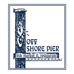 Company logo featuring a pier post with a sign reading 'Fish Market & Restaurant' and waves below.