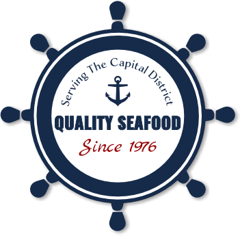 Iconic captain's wheel with text: 'Serving the Capital District seafood since 1976.
